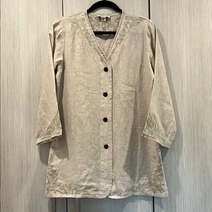 NEW Coldwater Creek Oatmeal Linen Embroidered Tunic Top V-Neck Split‎ Hem XS